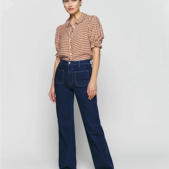 Reformation Kalila  Brown and White Checkered Top - Picture 6 of 9